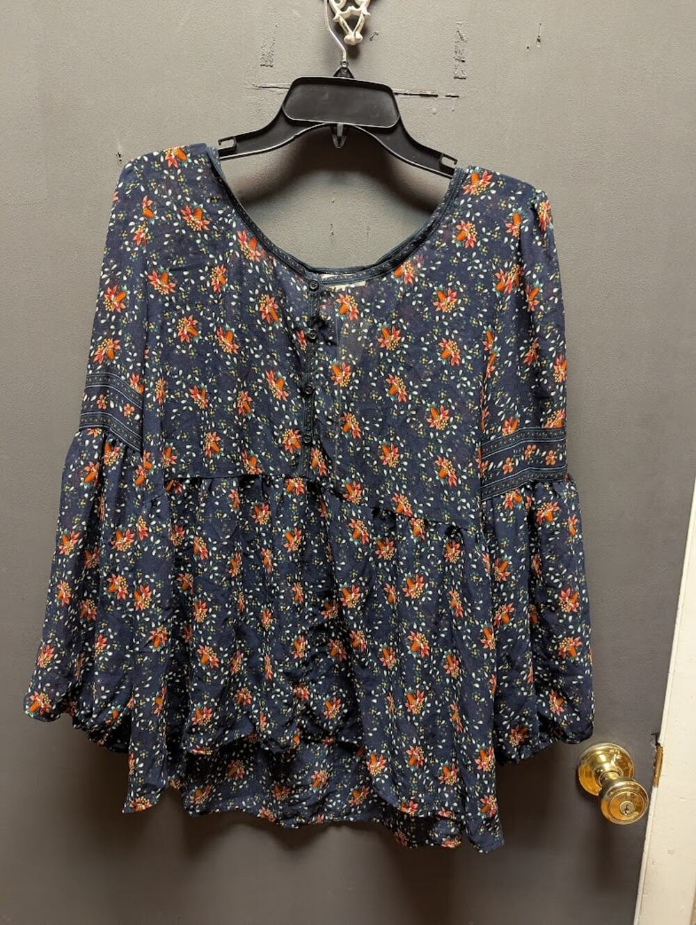 Max Studio Size XL womens sheer long sleeve blouse top shirt blue rust